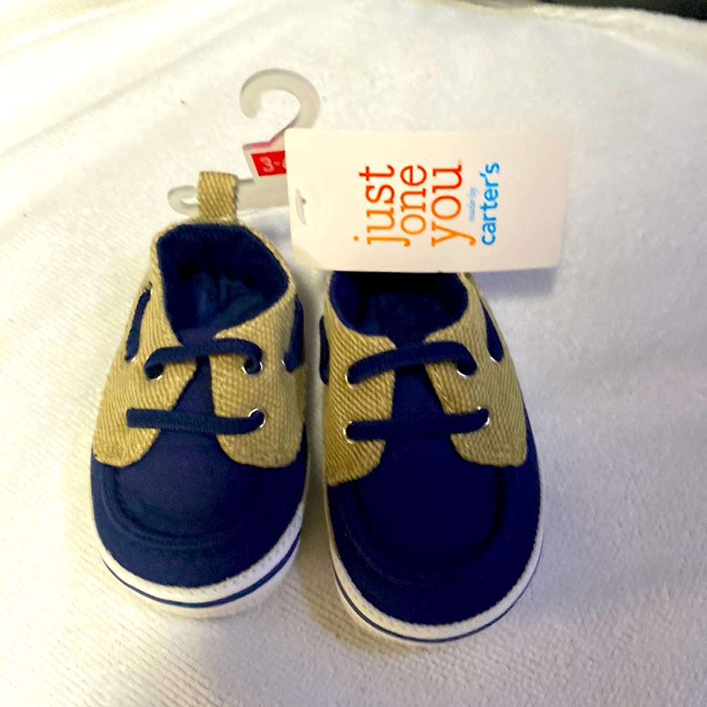 Baby boy shoes 3 to 6 months blue and khaki colored.
